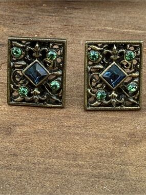 Vintage Square Filigree Earrings with Blue and Green Stones